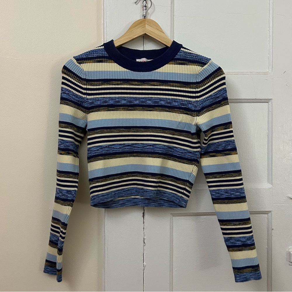 Striped Ribbed Long-Sleeve Crop Top in Blue and Cream - Solid & Striped size M